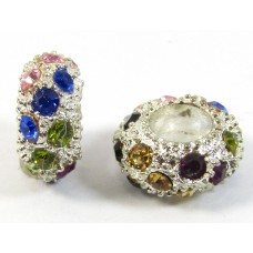 1 Pandora Style Charm Bead, Silvertone with Zircon Gems 10mm
