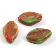 25 of Czech Class Top Drilled Opaque Red-Green-Tan Leaf 10mm Beads