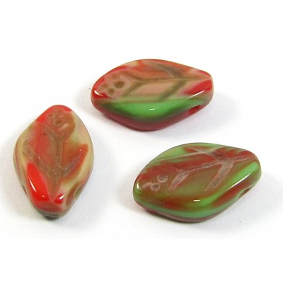 25 of Czech Class Top Drilled Opaque Red-Green-Tan Leaf 10mm Beads