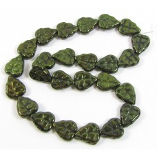 25 of Czech Glass Dark Green Lustre Leaf 10mm Beads
