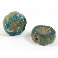 2 Czech Glass Hawaiian Flower Aqua Picasso 12mm Beads