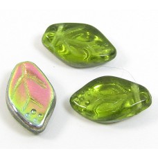25 of Czech Class Top Drilled Olivine-Vitrail Leaf 12mm Beads