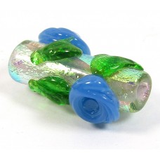 1 Dichroic Glass 20mm Tube Bead Silver with Blue Flowers