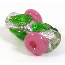 1 Dichroic Glass 20mm Tube Bead Silver with Pink Flowers