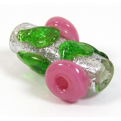 1 Dichroic Glass 20mm Tube Bead Silver with Pink Flowers