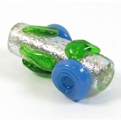 1 Dichroic Glass 20mm Tube Bead Silver with Blue Flowers