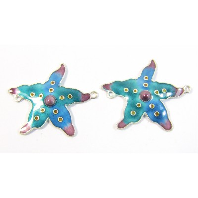 Pair Gita Maria Sterling Silver Enamelled Starfish Two Hole Charm Pendants