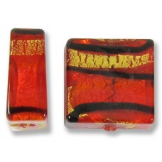 2 Murano Glass Orange-Red & Black Lines 15mm Square Gold Foiled Beads