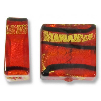 2 Murano Glass Orange-Red & Black Lines 15mm Square Gold Foiled Beads