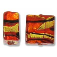 2 Murano Glass Orangey-Red & Black Lines 12mm Square Gold Foiled Beads