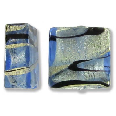 2 Murano Glass Light Sapphire Blue & Black Lines 15mm Square White Gold Foiled Beads