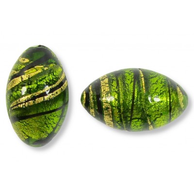 1 Murano Glass Dark Erba Green & Black Lines 20mm Olive Gold Foiled Bead
