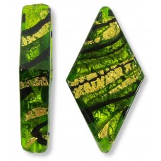 1 Murano Glass Dark Erba Green & Black Lines 30mm Rhombus Gold Foiled Bead