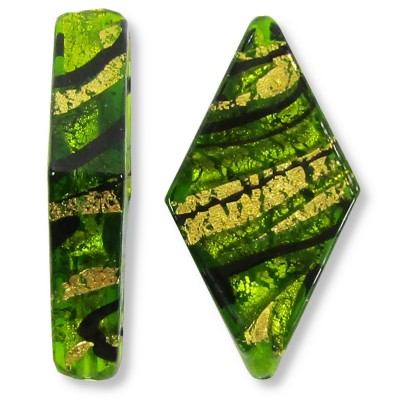 1 Murano Glass Dark Erba Green & Black Lines 30mm Rhombus Gold Foiled Bead
