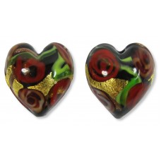2 Murano Glass Amore Red Goldfoil & Aventurine 14mm Hearts