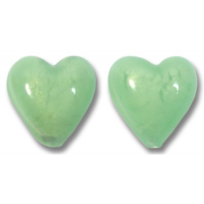 2  Murano Glass 12mm Hearts White Gold Foiled Soft Green Satin