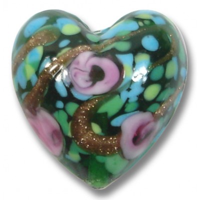 1 Murano Glass Emerald Rose Green Gold Aventurine 20mm Heart