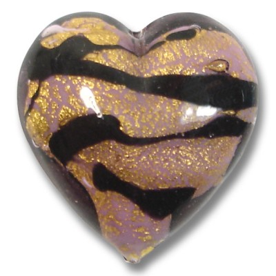1 Murano Glass White Core Goldfoiled Light Amethyst and Black 20mm Heart