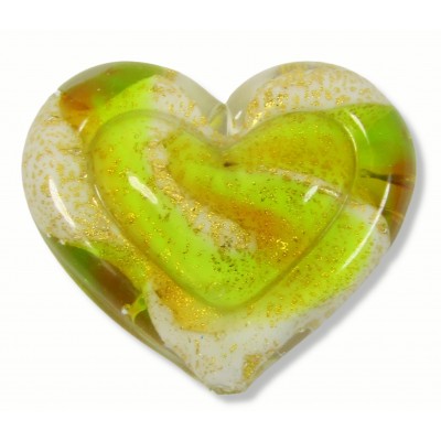 1 Murano Glass White Core Goldfoiled Lime Golden Topaz Embossed 35mm Heart