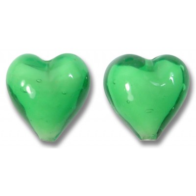 2 Murano Glass 12mm Hearts Emerald White Core 