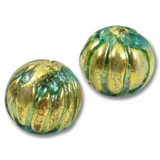 1 Murano Glass Goldfoil Green Ribbed Round 14mm Bead