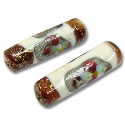 1 Murano Glass Ruby/ Ivory Goldfoiled Flower 23mm Tube Bead