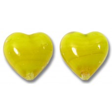 2 Murano Glass 12mm Hearts Acid Yellow over White Core