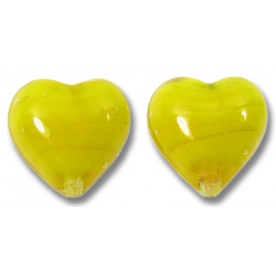 2 Murano Glass 12mm Hearts Acid Yellow over White Core