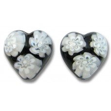 2 Murano Glass Black White Millefiore 12mm Heart Beads