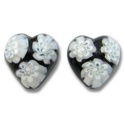 2 Murano Glass Black White Millefiore 12mm Heart Beads