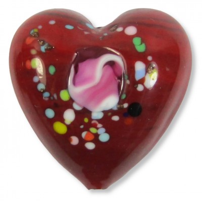 1 Murano Glass Deep Red with Rose 30mm Heart