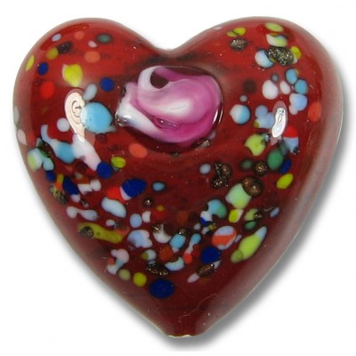 1 Murano Glass Deep Red with Rose 30mm Heart