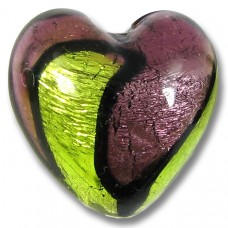 1 Murano Glass Bicolour 20mm Heart Bead Silver Foiled Dark Amethyst/ Lime