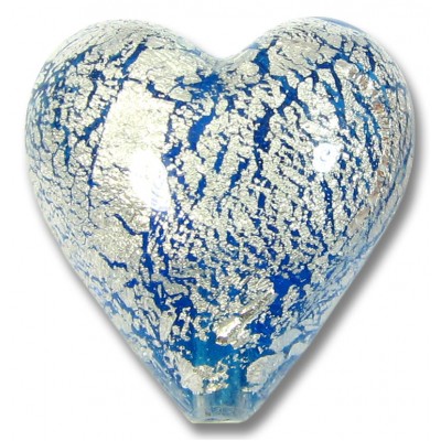 1 Murano Glass Crackle White Gold Foiled Aquamarine Blue 20mm Heart