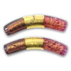 1 Murano Glass Curved Goldfoiled 40mm Macaroni Bead Bicolour Rosa and Chocolate Amethyst