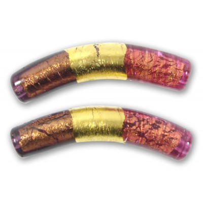 1 Murano Glass Curved Goldfoiled 40mm Macaroni Bead Bicolour Rosa and Chocolate Amethyst