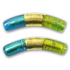1 Murano Glass Curved Goldfoiled 40mm Macaroni Bead Bicolour Kingfisher and Lime