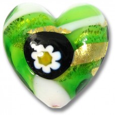 1 Murano Glass Millefiore Daisy Goldfoiled Heart 20mm Green