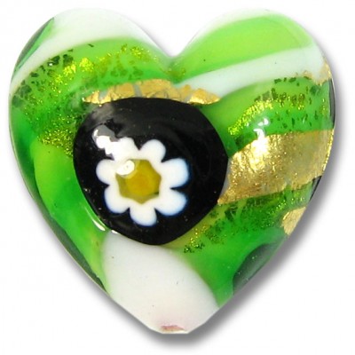 1 Murano Glass Millefiore Daisy Goldfoiled Heart 20mm Green
