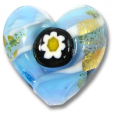 1 Murano Glass Millefiore Daisy Goldfoiled 20mm Heart Sky Blue and Violet