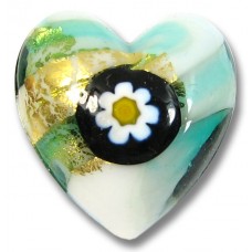 1 Murano Glass Millefiore Daisy Goldfoiled 20mm Heart Verde