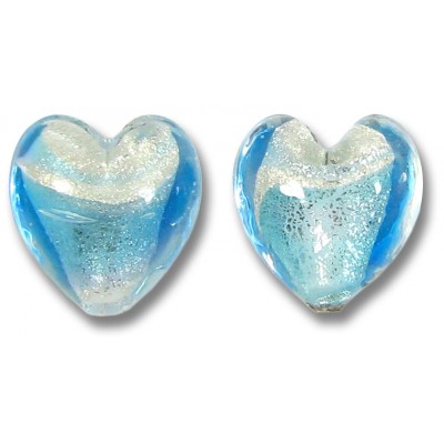 2 Murano Glass Aquamarine/ Periwinkle 14mm White Goldfoiled Hearts
