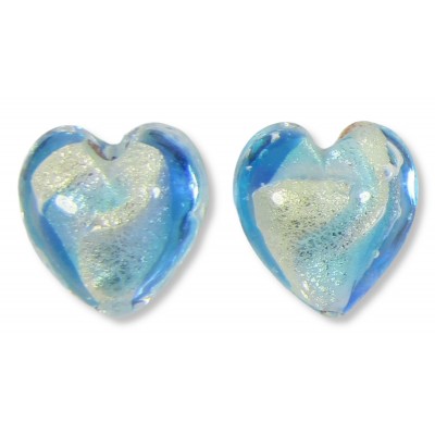 2 Murano Glass Aquamarine/ Periwinkle 14mm White Goldfoiled Hearts 2 Murano Glass Aquamarine/ Periwinkle 14mm White Goldfoiled Hearts