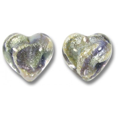 2 Murano Glass Purple/ Black Diamond 14mm White Goldfoiled Hearts