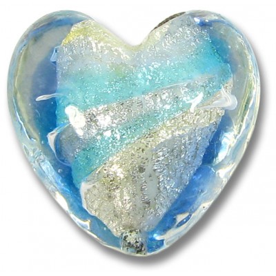 1 Murano Glass Aquamarine/ Periwinkle 20mm White Goldfoiled Heart