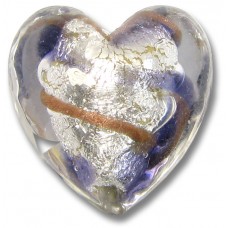 1 Murano Glass White Goldfoiled Aventurine/ Purple Velvet Clear Cased 20mm Heart