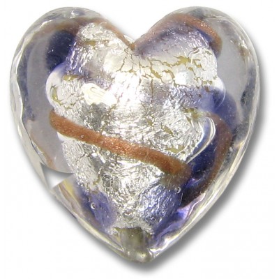 1 Murano Glass White Goldfoiled Aventurine/ Purple Velvet Clear Cased 20mm Heart