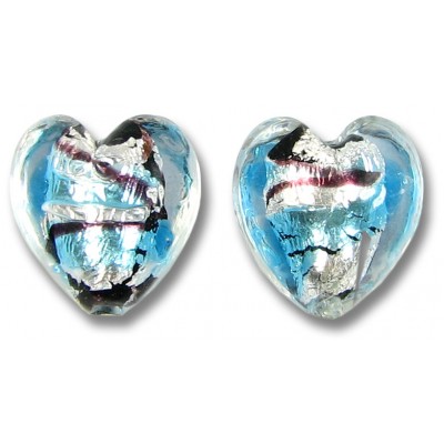 2 Murano Glass Amethyst/ Aqua with White Goldfoil Crystal 14mm Clear Cased Hearts