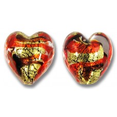 2 Murano Glass 14mm Red/ Black Clear Cased Hearts with 24k Goldfoil