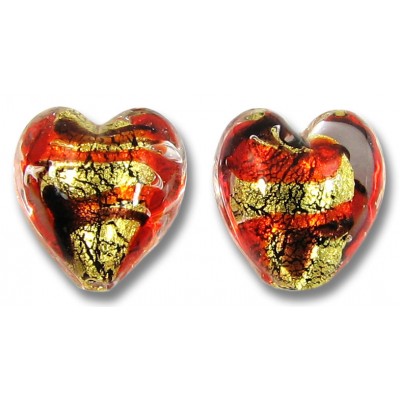 2 Murano Glass 14mm Red/ Black Clear Cased Hearts with 24k Goldfoil